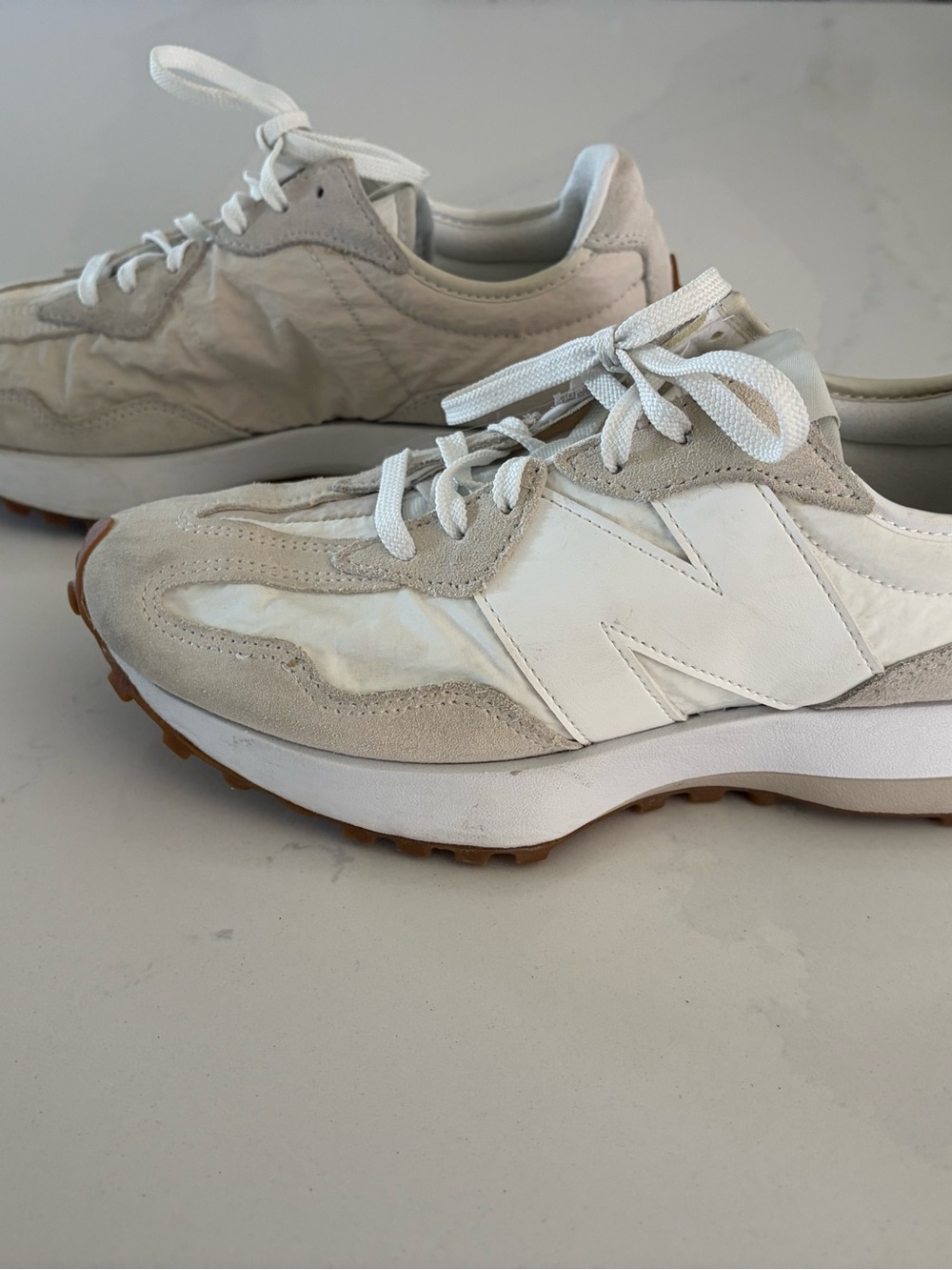 New Balance Men's White and Light Beige Suede-Trim Sneakers